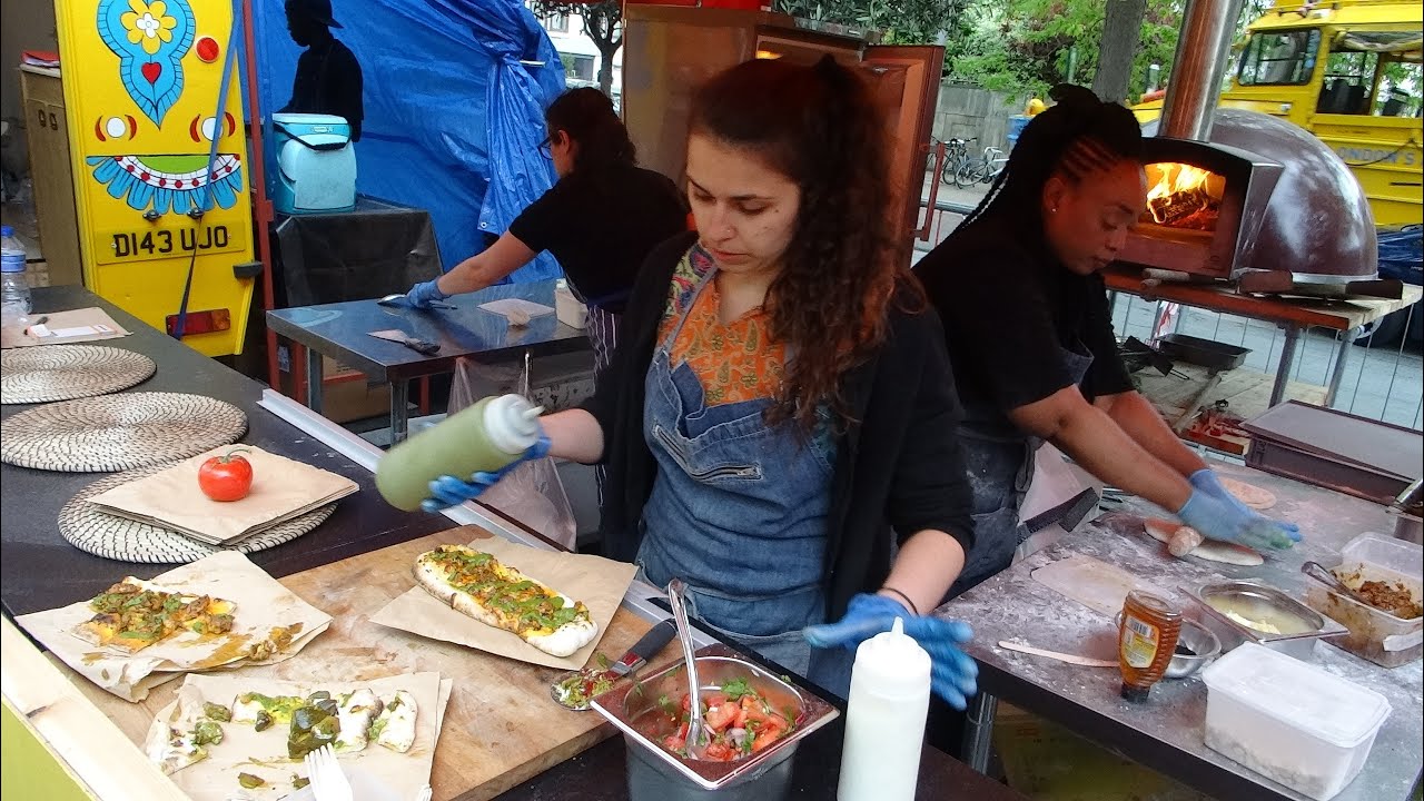 Wood Fire Oven Naan Bread Pizza topped with Baingan Bhaja & Cheese: Urban Indian Street Food, London