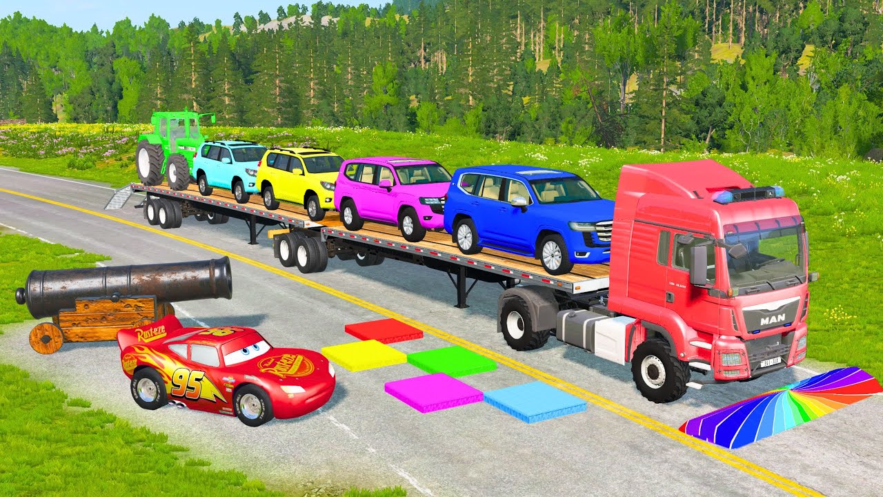 Flatbed Truck Mcqueen | Transportation with Truck - Pothole vs Car #153 - BeamNG.Drive