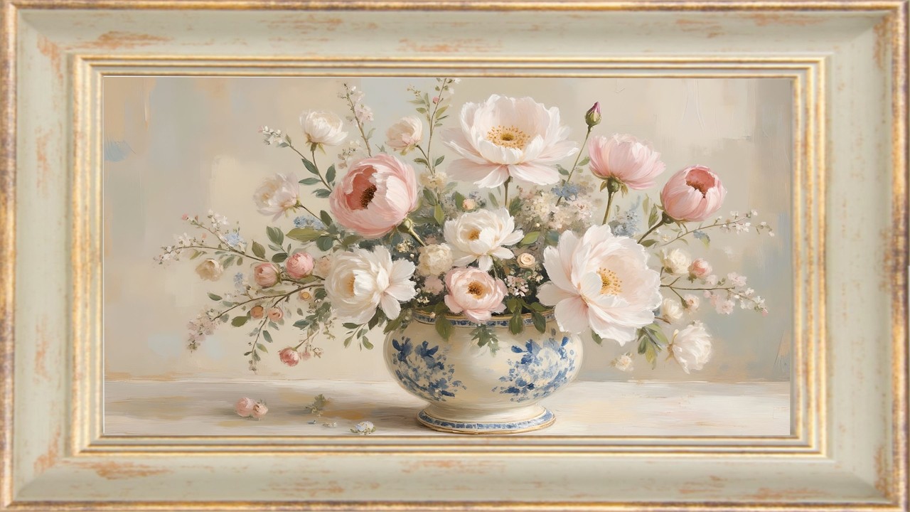 Peonies in Chinoiserie Bowl | Impressionist Oil Painting Screensaver | 1 Scene, 2 Hours
