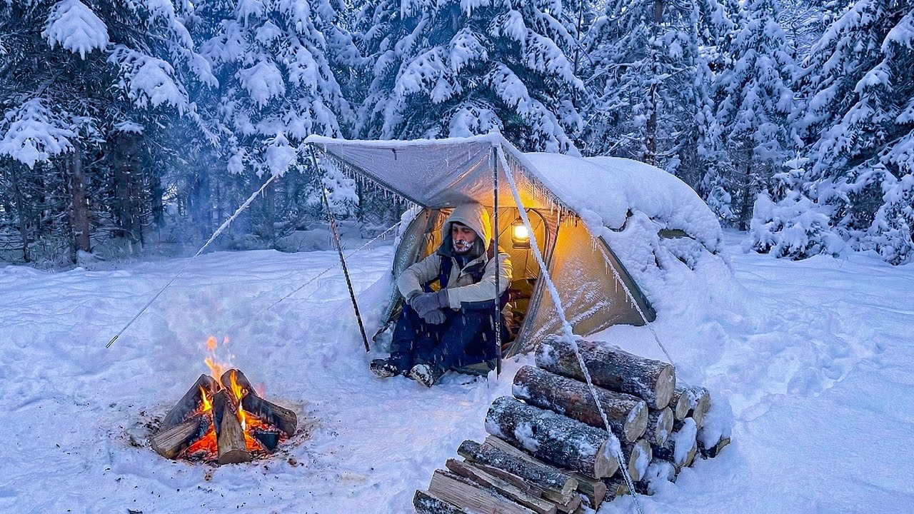 Выживание в снежной буре при -15°C | Экстремальный зимний кемпинг. Бушкрафт | Палатка с подогревом