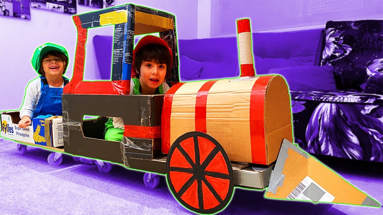 Como hacer un TREN de CARTON con cajas de FRUTA para niños con Dani y Evan