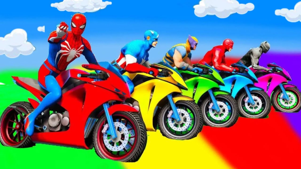 الأبطال الخارقين على القضبان دوامة قمع جسر 🕷️🏍️ RAINBOW SPIDER MAN! on Motorcycle in Spiral Bridge