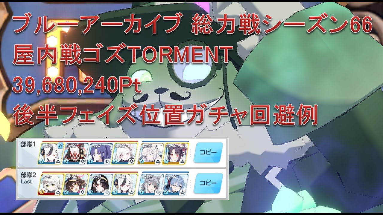 ブルーアーカイブ 総力戦シーズン66 屋内戦ゴズTORMENT 後半フェイズ位置ガチャ回避例 39,680,240Pt