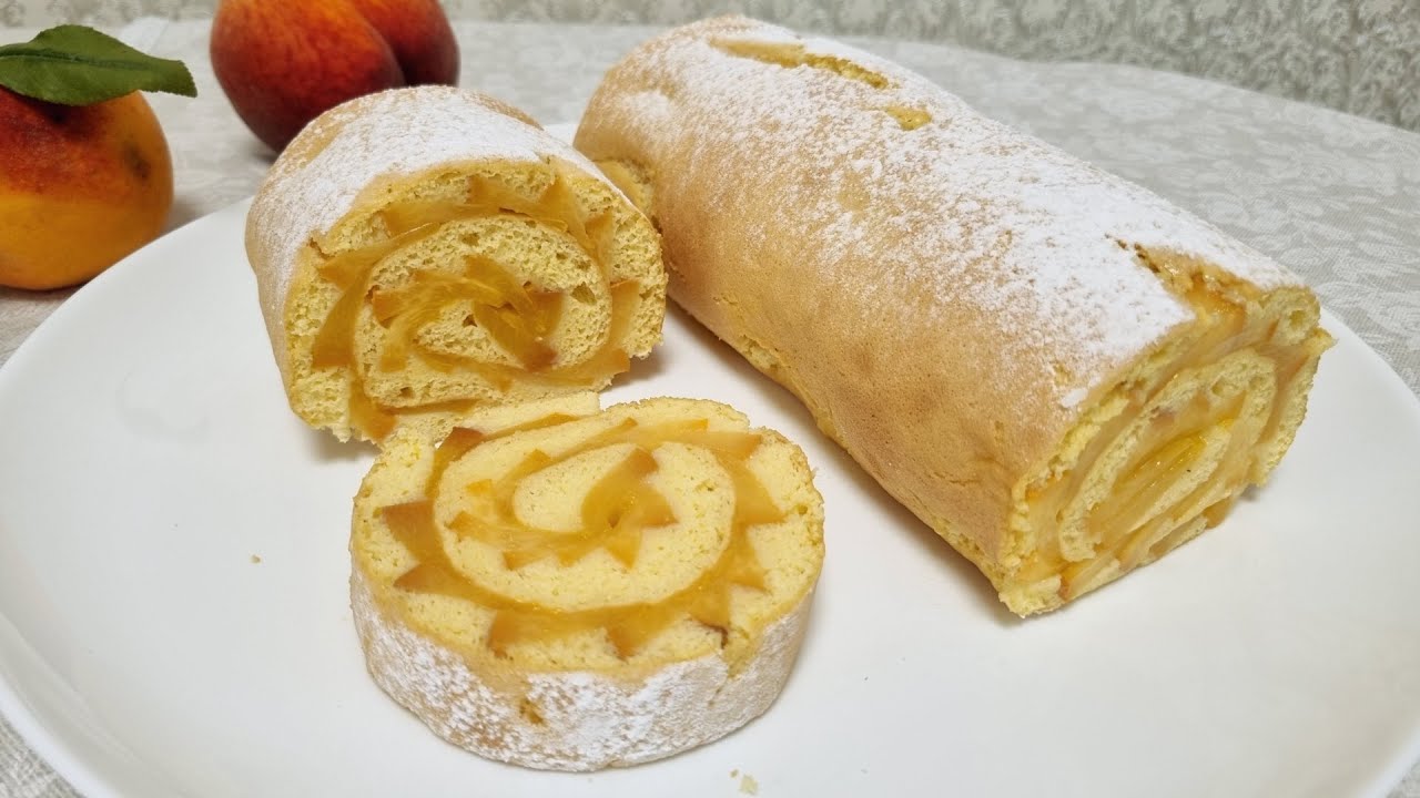 Всего за полчаса вкуснейшая выпечка, РУЛЕТ С ПЕРСИКАМИ/ROLL WITH PEACHES