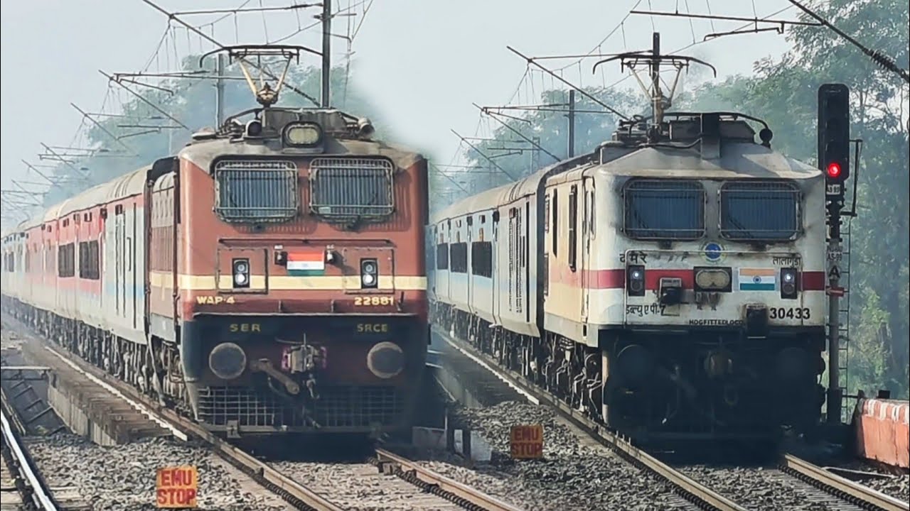 [Wap-4 vs Wap-7 Locomotive] Dangerous Back 2 Back 130 kmph Trains on Sharp 90° Curve || Train video 