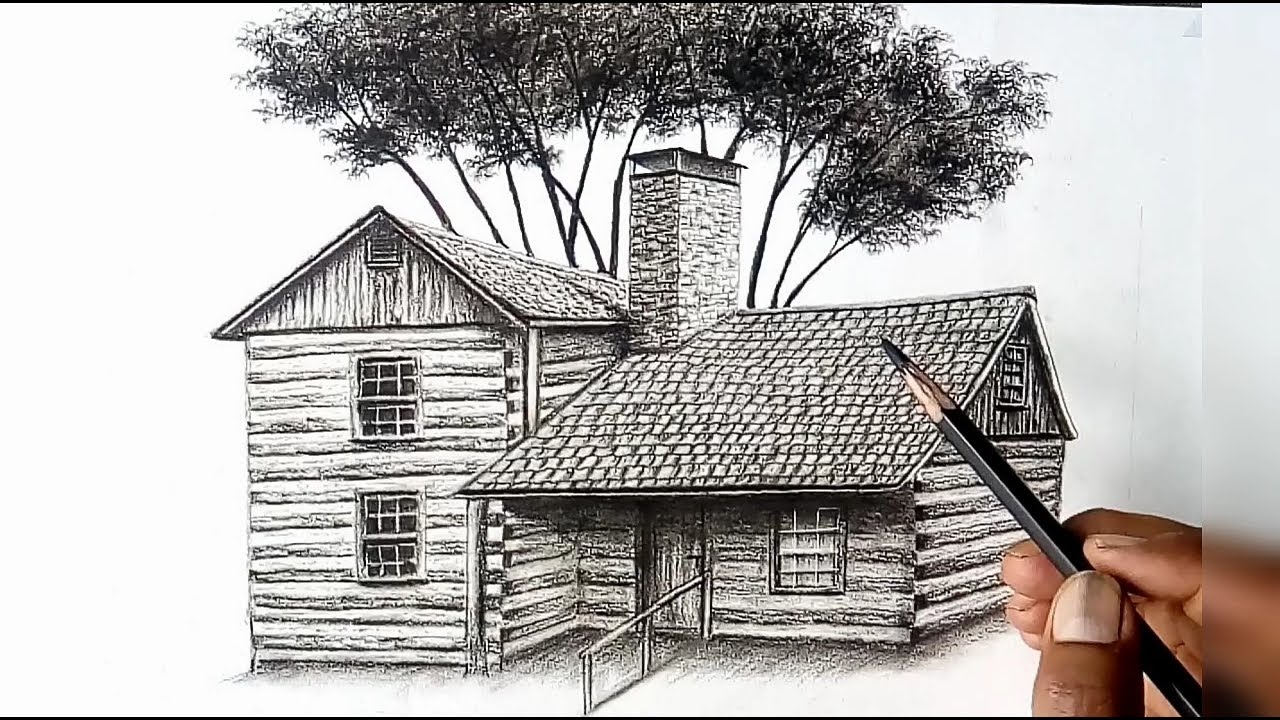 A form house drawing by charcoal pencil |  Old barn drawing |  pencil drawing |