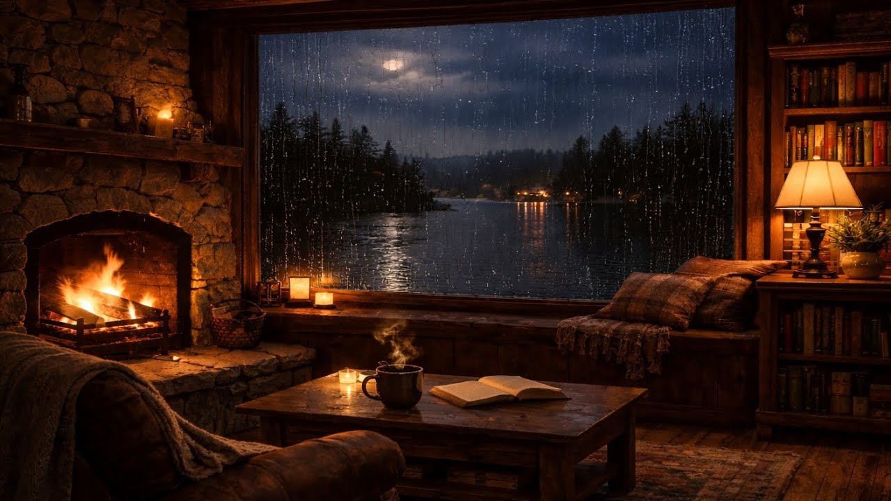 Stormy Ocean Window View | Distant Thunder, Gentle Rain & Crackling Fireplace for Deep,Study, Relax