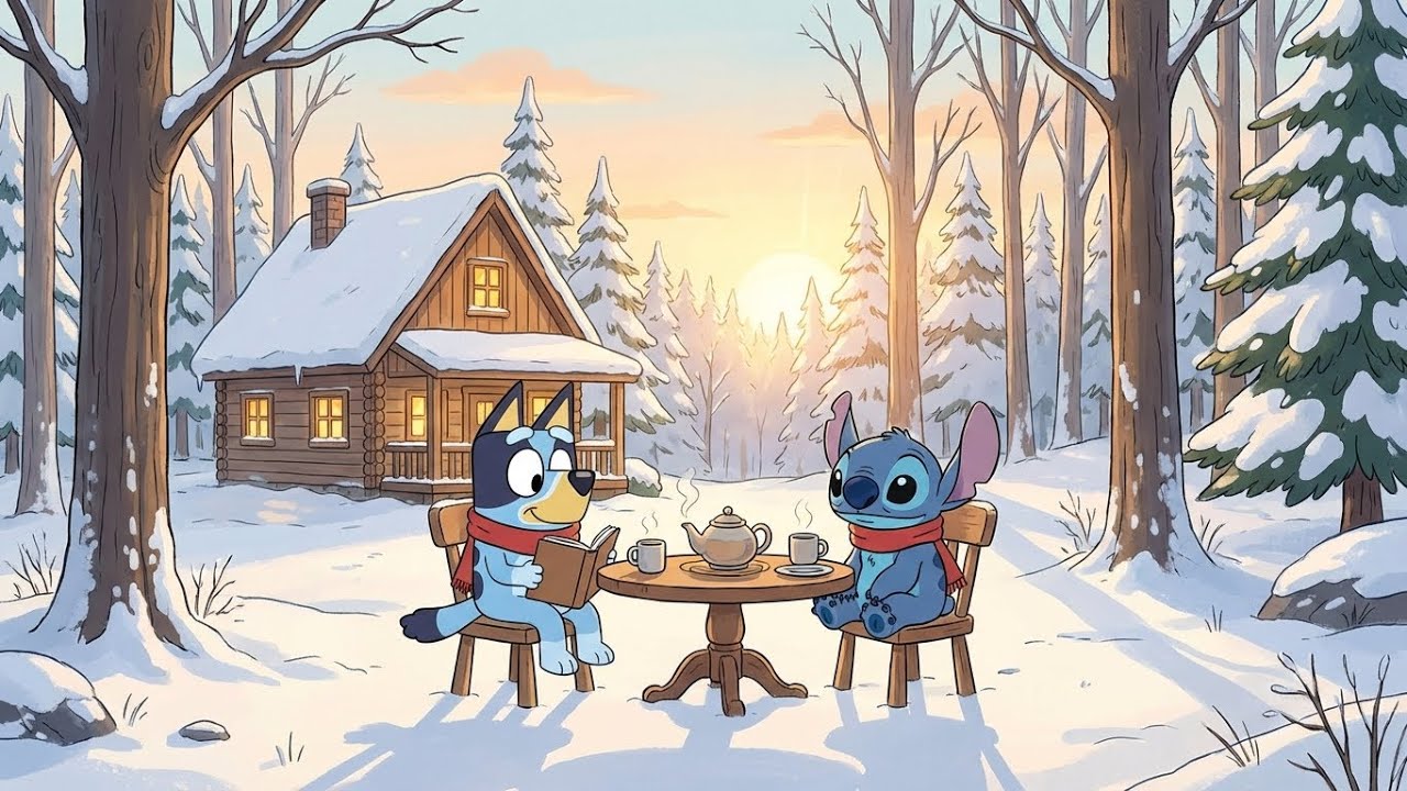 Stitch & Bluey Snowy Morning Tea Time ❄️ Chill Lofi Beats for Study & Deep Focus 🌞 Warm Cabin Forest
