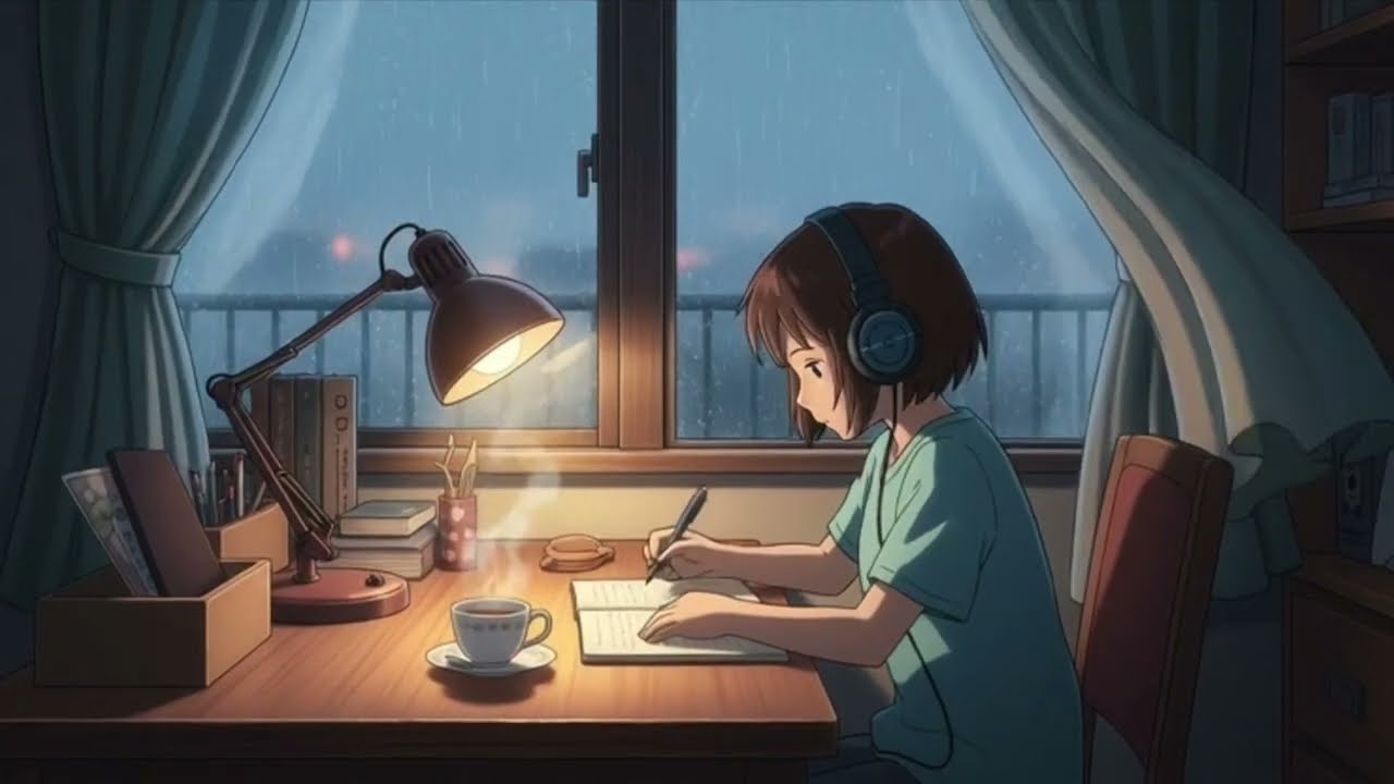 Late Night Rain LoFi 🌧️ Ghibli Inspired Room | 1 Hour Calm Study / Sleep Music