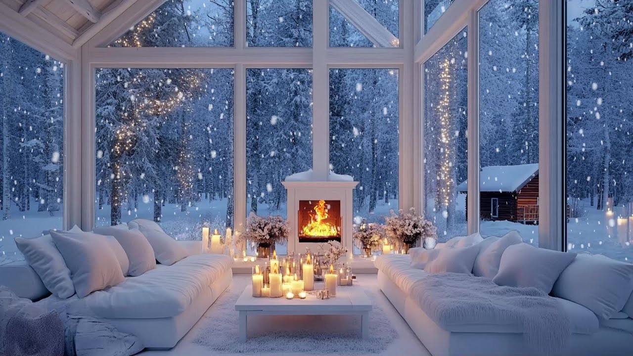 🎹🔥 Soft Lounge Piano for Winter Nights | Crackling Fire & Snowfall | Relax Focus Mood
