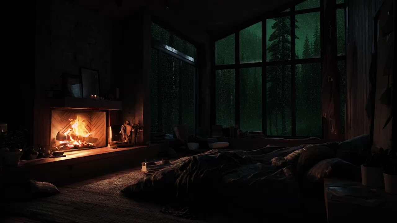 Gentle rain falling around a warm forest cabin with soft fireplace sounds inside