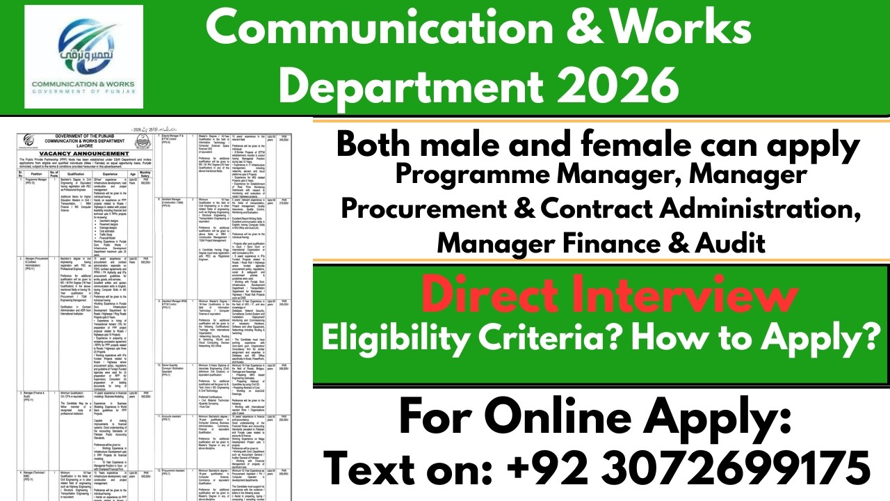 Communication & Works Department 2026 | Punjab Govt Jobs 2026 | 10+ Vacancies | Apply Now online