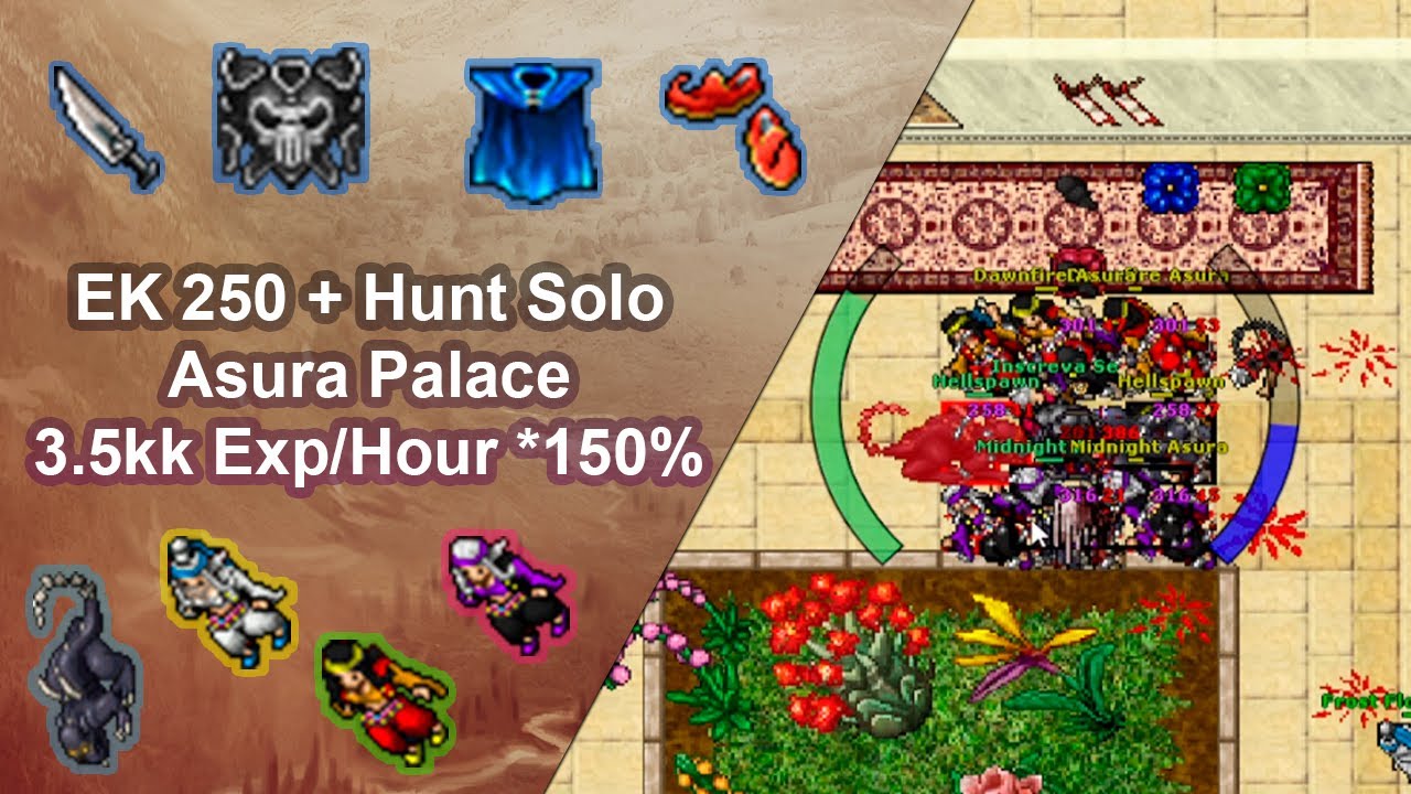 Tibia Elite Knight 215 (250+) Solo Hunt / Port Hope Asura Palace / 3.5kk Exp/Hour *150%