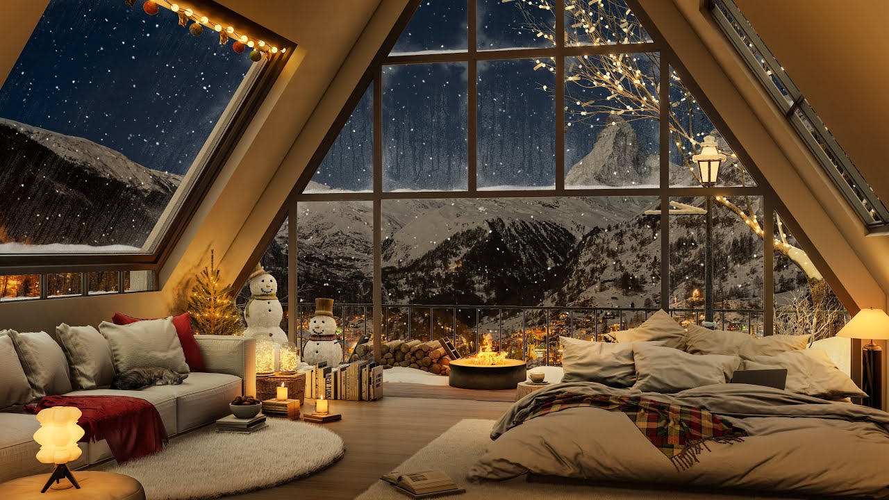 ❄Cozy Winter Night in Cabin Bedroom With Fireplace and Relaxing Jazz | Piano Music for Relax & Sleep