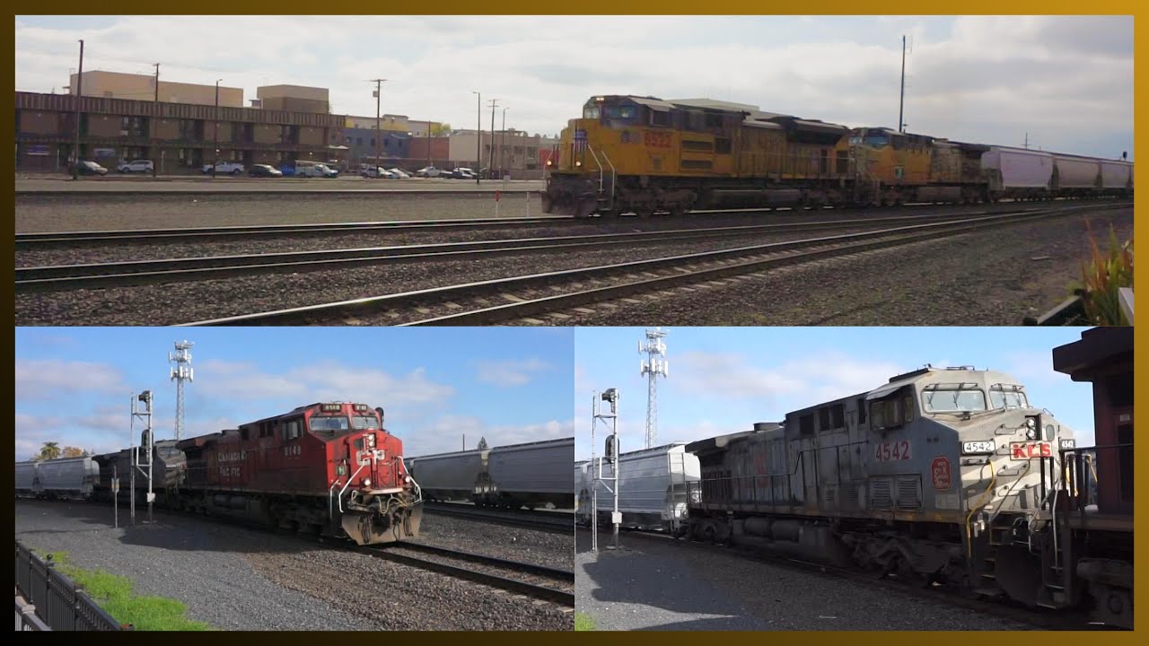 Union Pacific Grain Train Meets a CPKC Grain Train With a KCS 