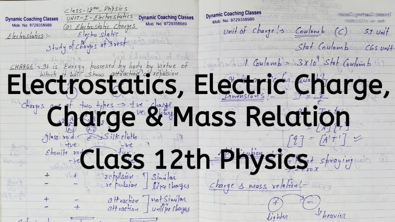 Electrostatics, Electric Charge, Charge and Mass, Chapter 1, Electric Charges and Fields, Class 12