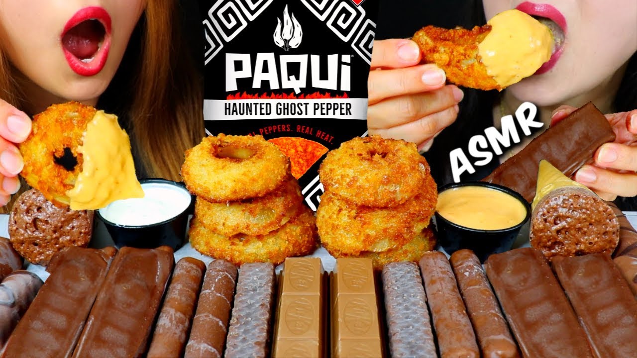 ASMR CRUNCHY CHOCOLATE CARAMEL ICE CREAM, ONION RINGS, PAQUI CHIP, CHOCOLATE WAFER 먹방 | Kim&Liz ASMR