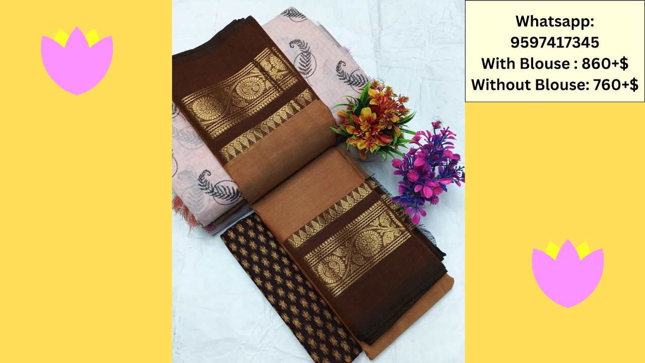 Chettinad Cotton Saree with Contrast Blouse Video 88| Price Rs.860+Shipping|WhatsApp-9597417345