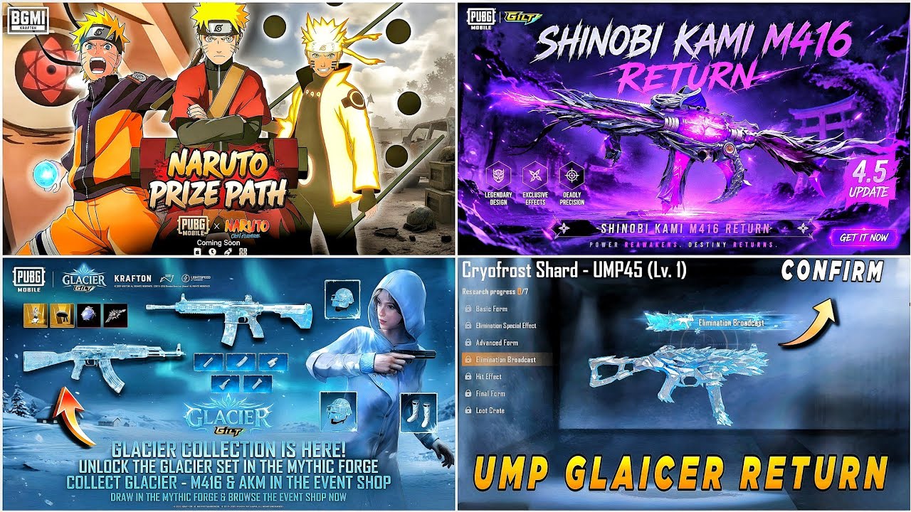 🔴 NARUTO PRIZE PATH REWARDS ✅ SHINOBI KAMI M416 RETURN 🤩 GLAICER UMP RETURNS 🔥 FREE GLACIER AKM SKIN