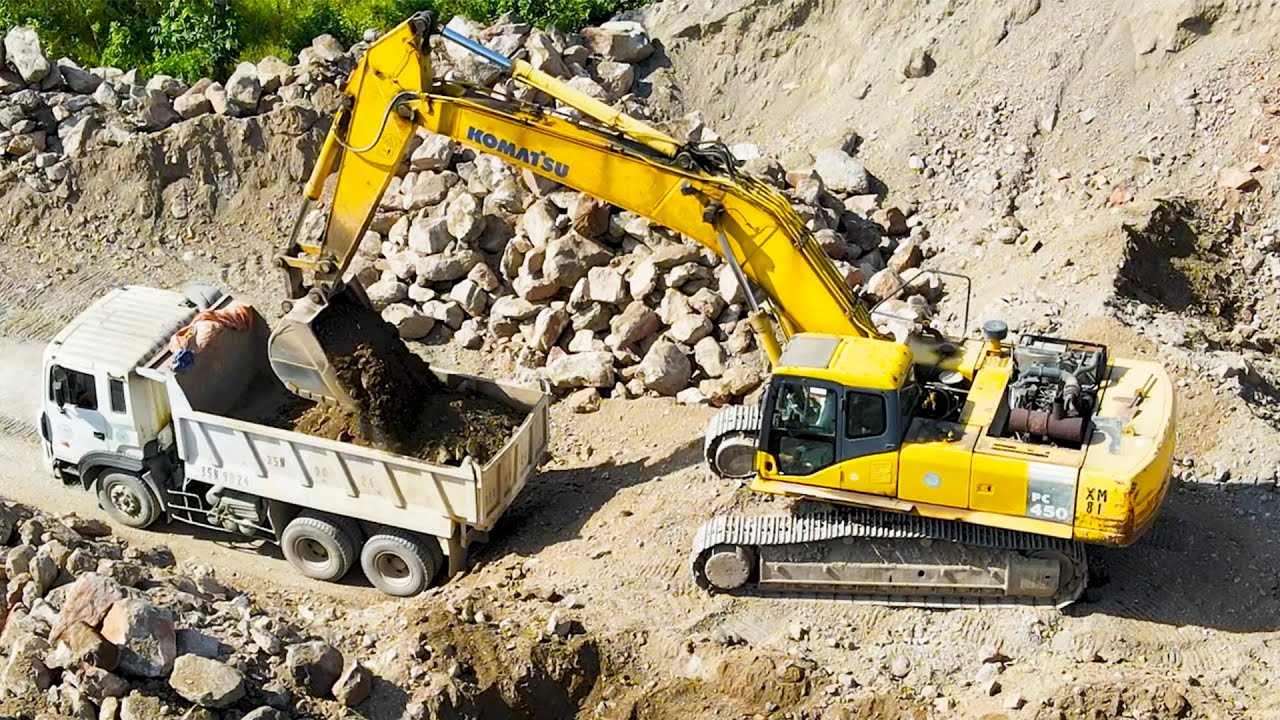Strong Power Excavator Loading Rocks and Digging Road - JCB | Excavator Loading Dump Truck