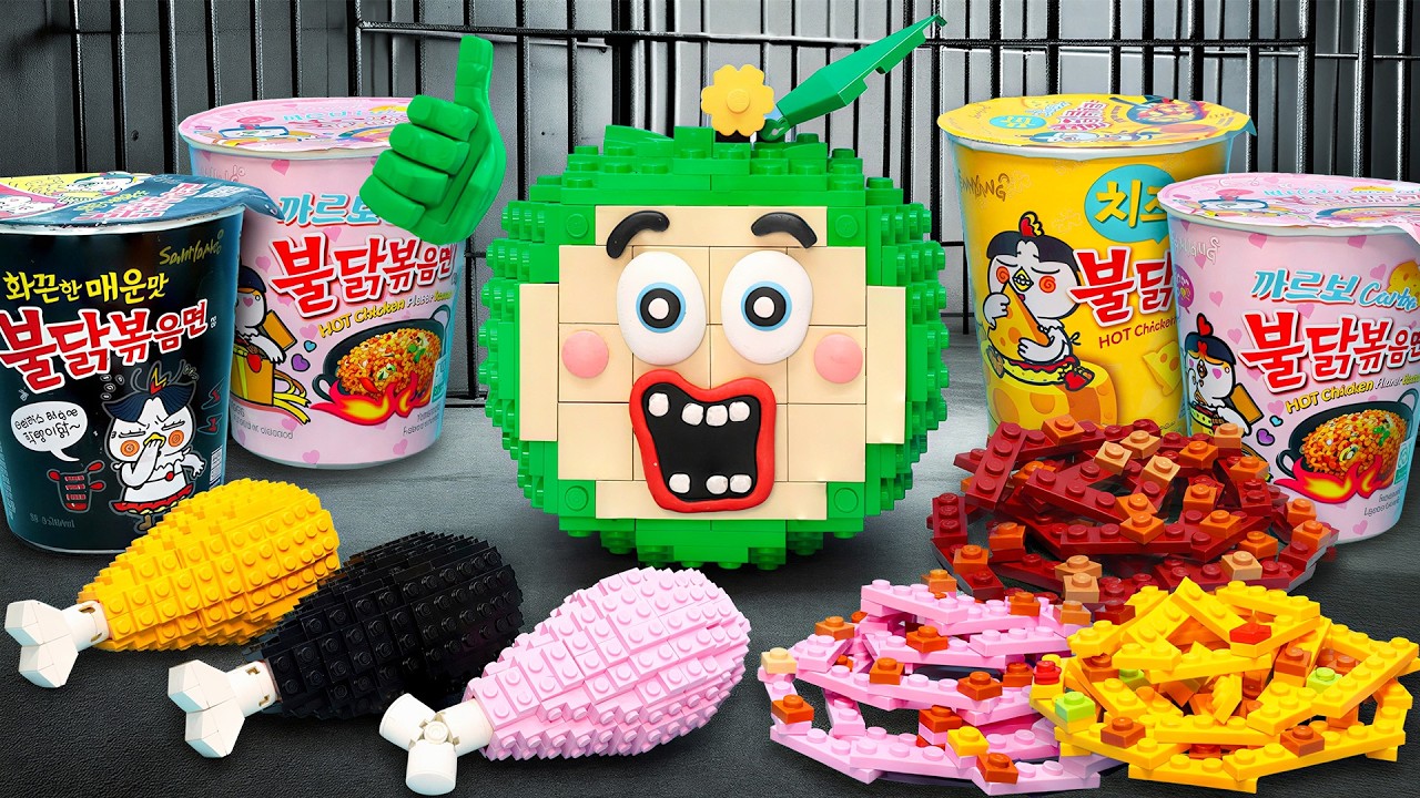 LEGO Fast Food Challenge : Mukbang All Spicy Korea Noodle IRL With Cocomelon | Coco Lego