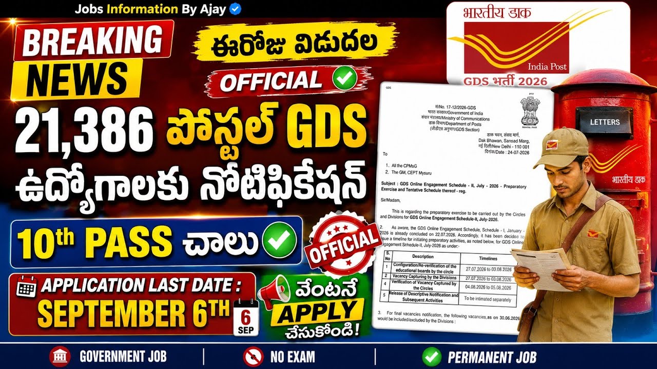 21,386 పోస్టల్ GDS ఉద్యోగులకు నోటిఫికేషన్ ఈరోజు విడుదల  | వెంటనే Apply చేసుకోండి |Last Date:Sep6th 