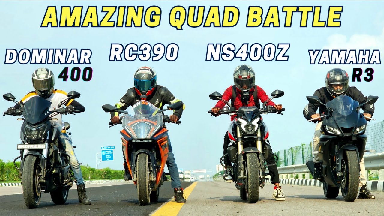 PULSAR NS400z vs KTM RC390 vs YAMAHA R3 2024 vs DOMINAR 400 drag race | amazing quad battle😍