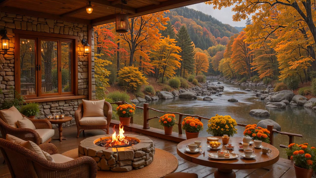 Soothing Autumn Piano Music & Rain Sounds for Studying 🍂 Autumn Morning at a Cabin by the Lake