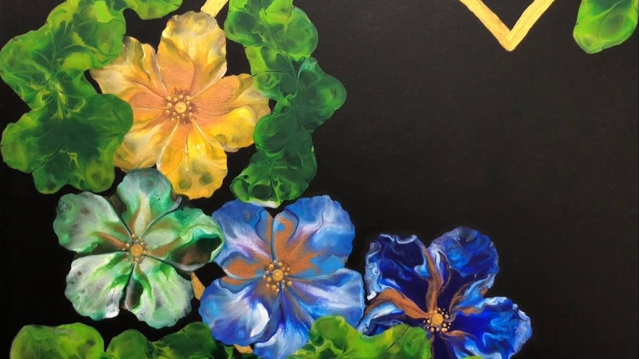 #79 Rainbow flowers | Fluid Art | Blowing Petals Using Straw | Unique Composition | Golden Heart |