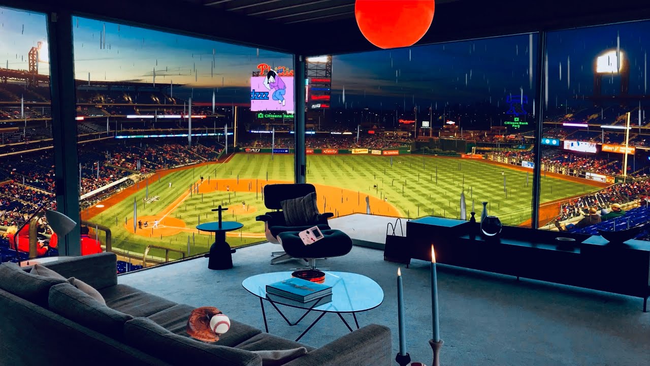 Baseball Skybox on Rainy Night Ambience w/ Crowd Cheering  | Rainy Baseball Game Ambience