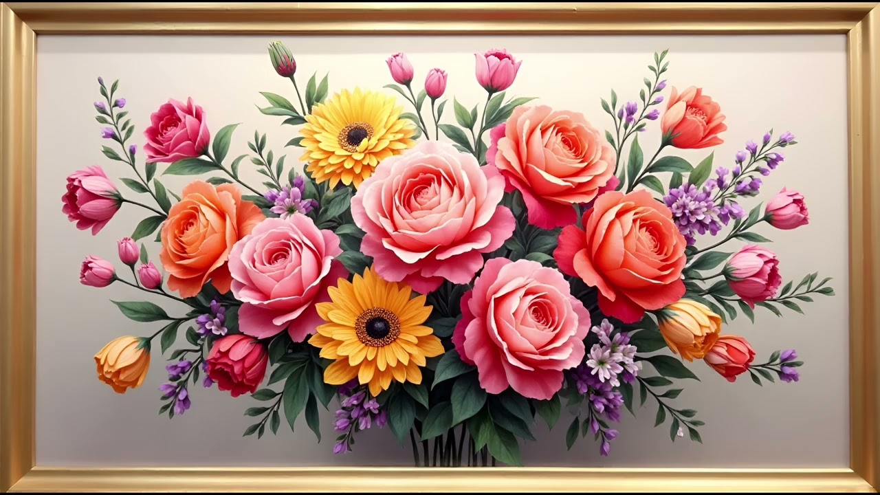 💐 Vibrant Mixed Flower Bouquet – Realistic Oil Painting in Golden Frame | Screensaver & TV Art