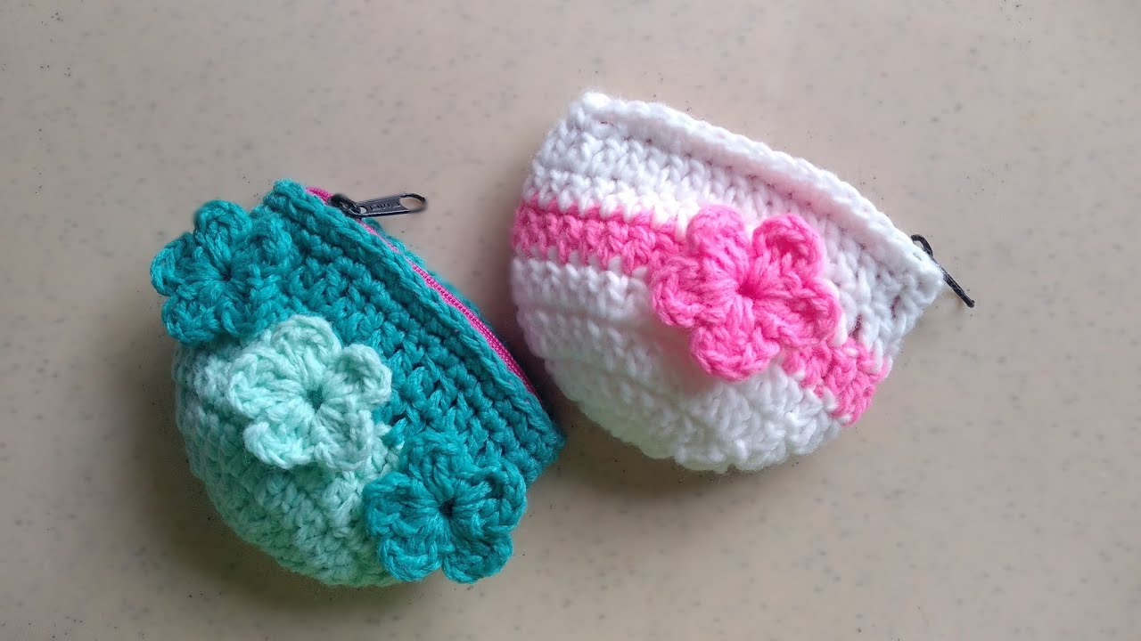 How to Crochet Coin Purse with 3 flowers & zipper
