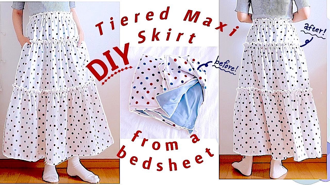 Refashion DIY Making a Tiered Maxi Skirt out of a bed sheet しまむら布団カバーリメイク Sewing Tutorialㅣmadebyaya
