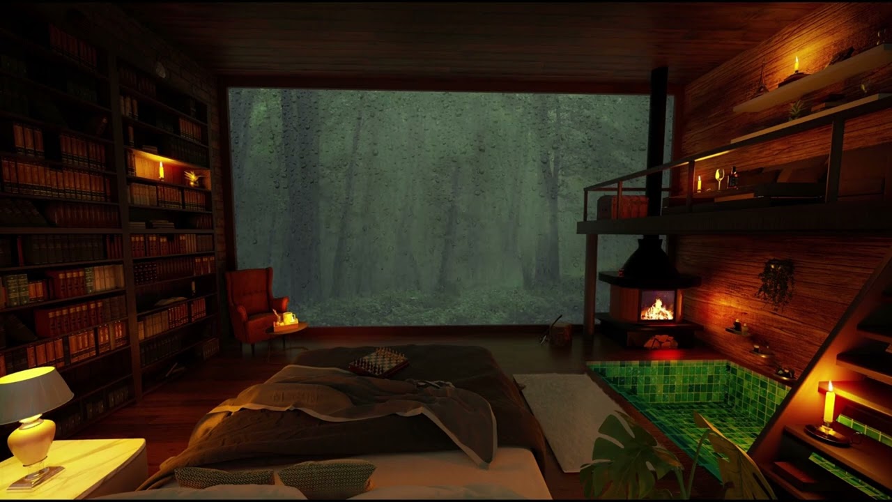 Cozy Rainy Night in a Warm Living Room | Relaxing Rain & Fireplace Ambience for Sleep and Relaxation