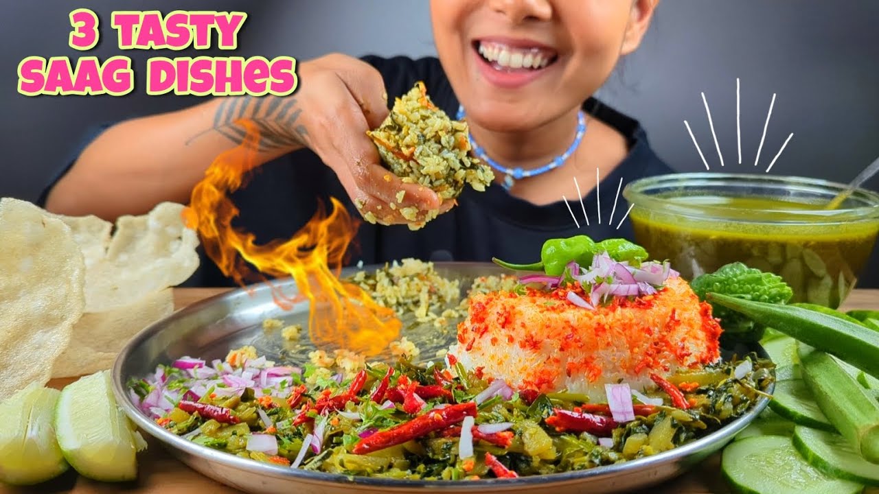 COOKING & EATING DIFFERENT LEAFY VEGETABLES DISHES | MANIMUNI SAAG SOUP, BRAHMI FRY, SAAG CHUTNEY