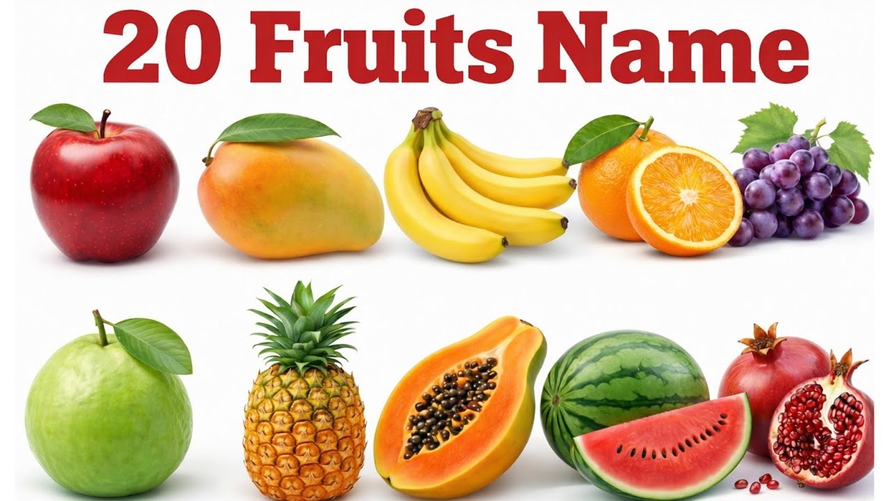 20 Fruit Names in English and Hindi | 20 फलों के नाम | Learn Fruits for Kids with Pictures