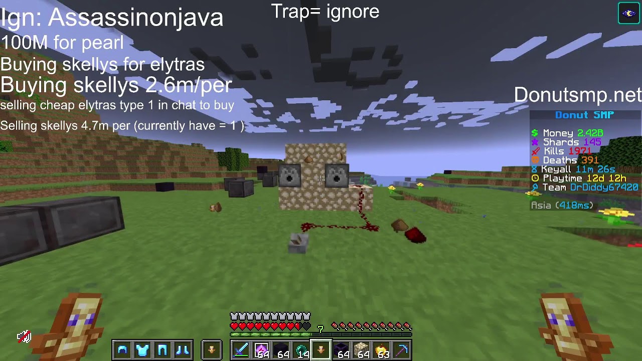 DonutSMP Live! 1 ELYTRA PER GOOD STASH OR BASE! Rating Bases 100M per base Buying skellys 2.5m/per
