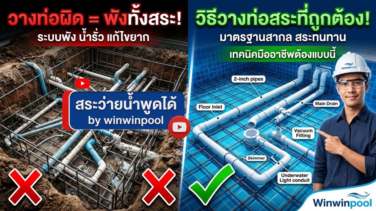 การติดตั้งระบบท่อสระว่ายน้ำ ก่อนเทพื้น สระว่ายน้ำสร้างเองได้By Winwin poolตอนที่1