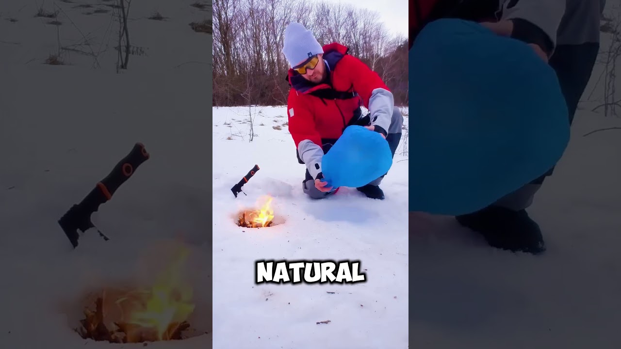 Этот трюк со снежным огнём лучше любой зажигалки! #выживание #бушкрафт #наприроде