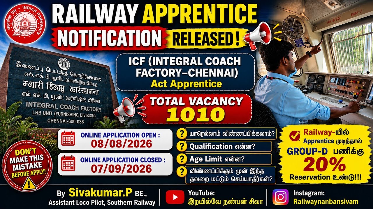 Railway Apprentice Notification Released!! | ICF | Chennai | Eligibility