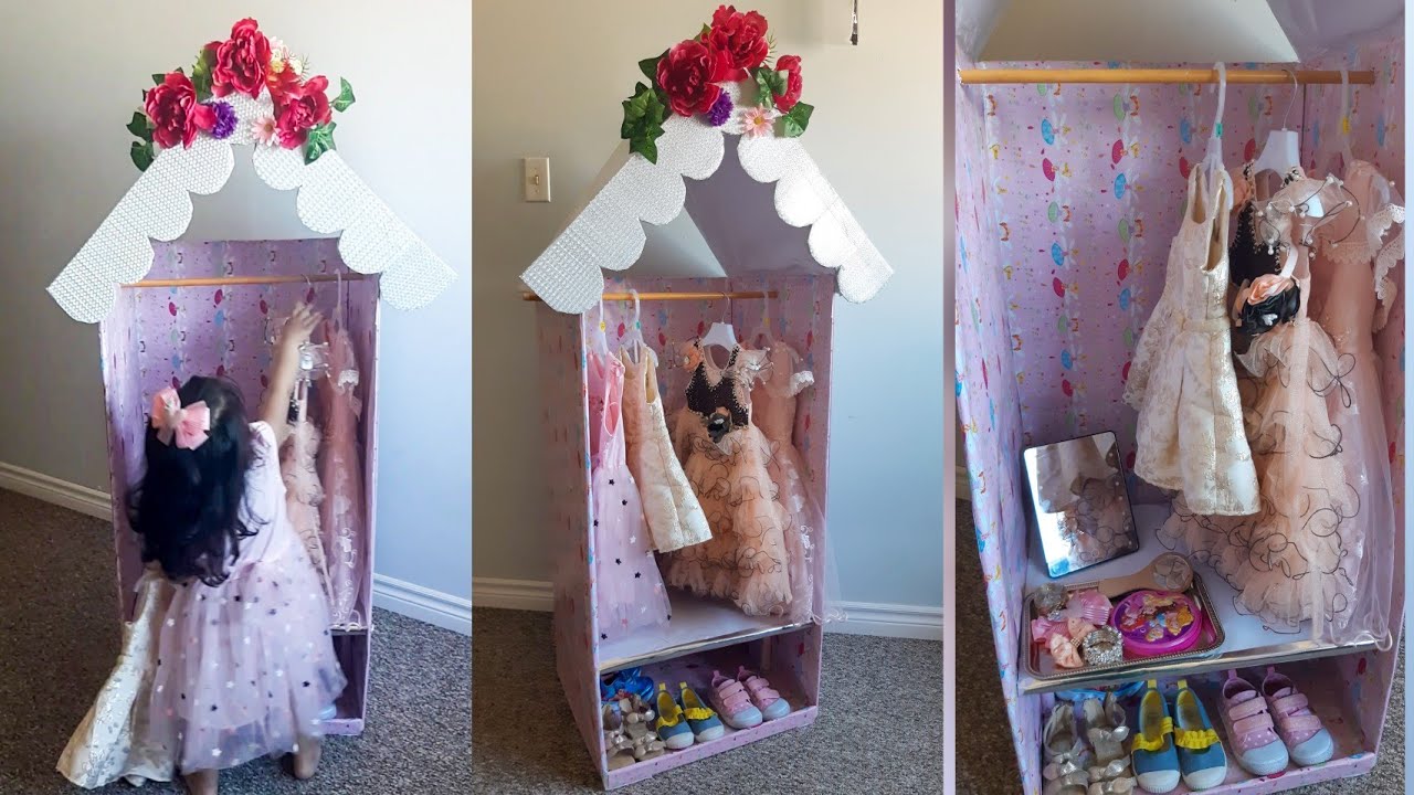 DIY cardboard dress up wardrobe| DIY dress up storage ideas for girls