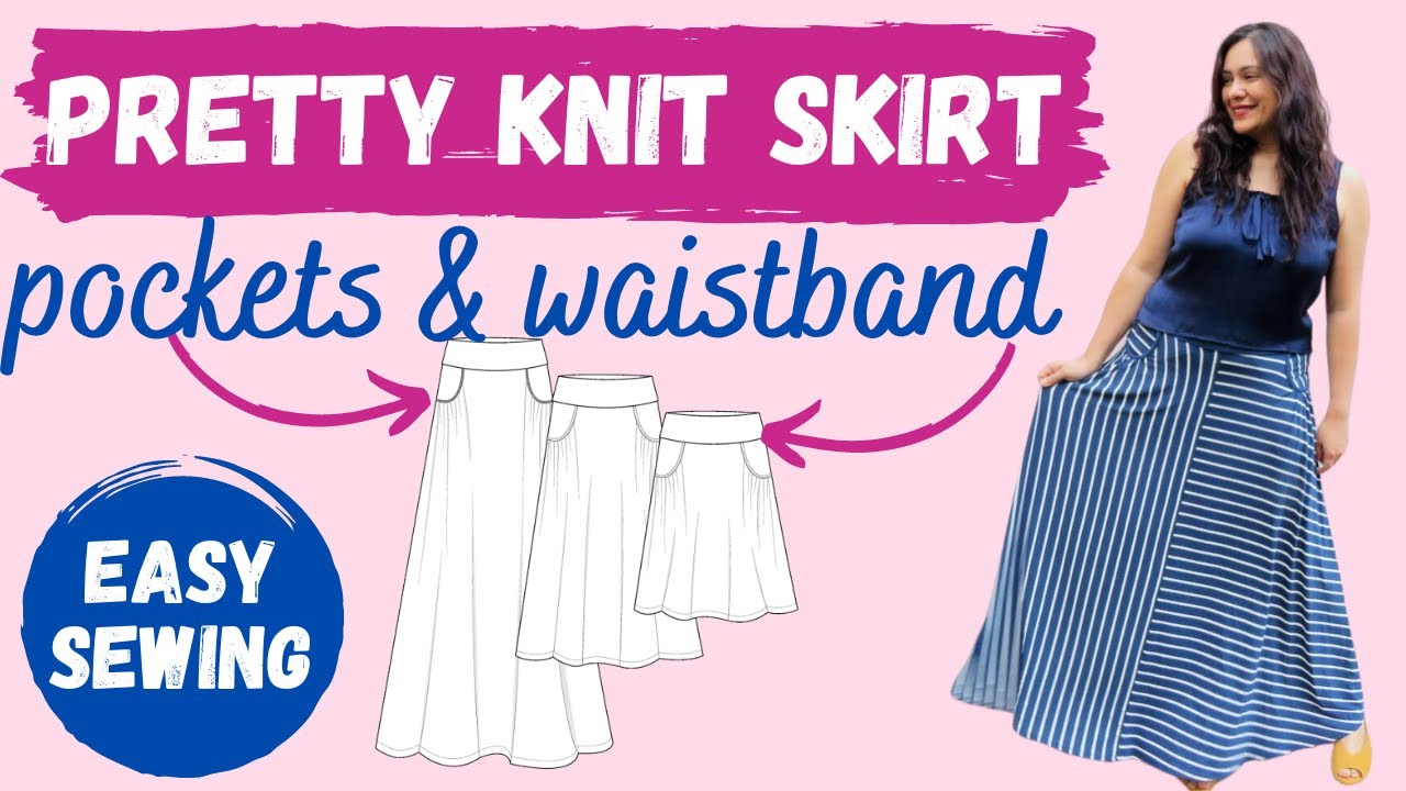 Sewing easy KNIT pockets & curved waistband.  Ravinia Skirt (Love Notions). Stripy maxi!