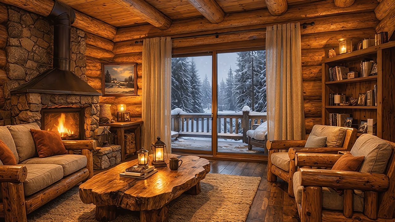 ❄️Relaxing Music by Fireplace  🔥Cozy Winter Ambience with Falling Snow #050