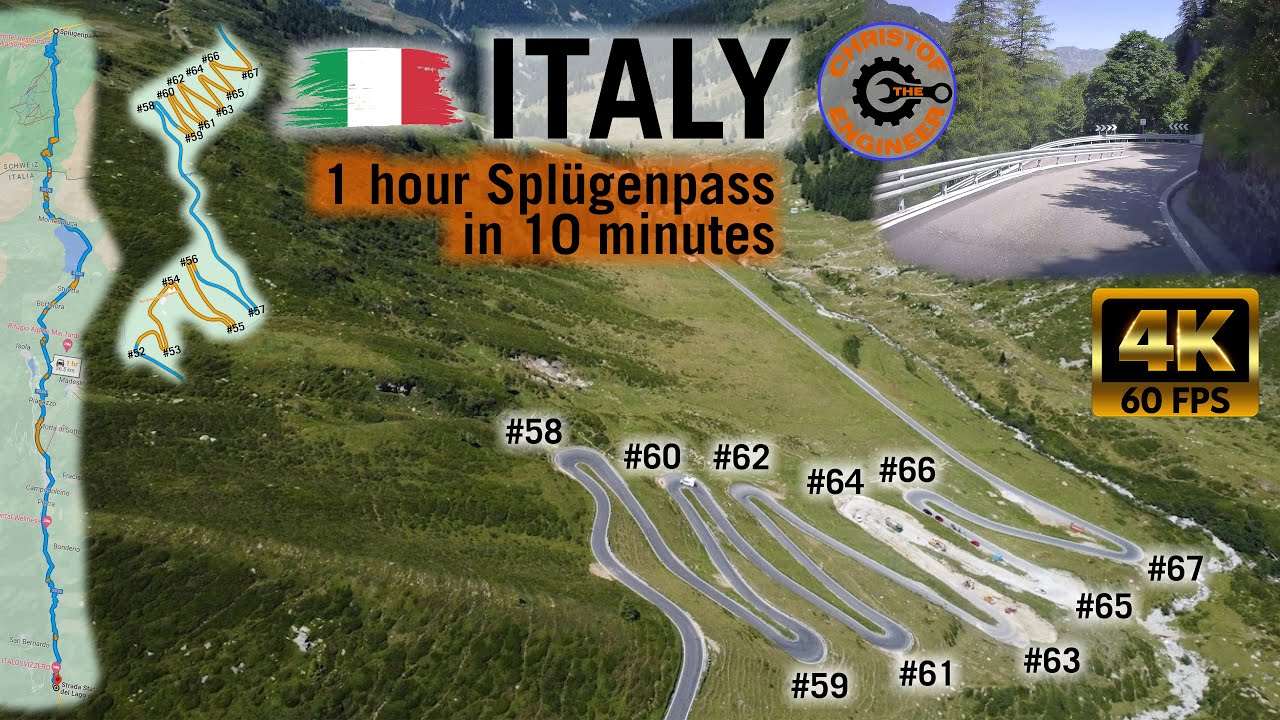 ITALY Splügenpass 1 hour in 10 Minutes, all 71 turns numbered!