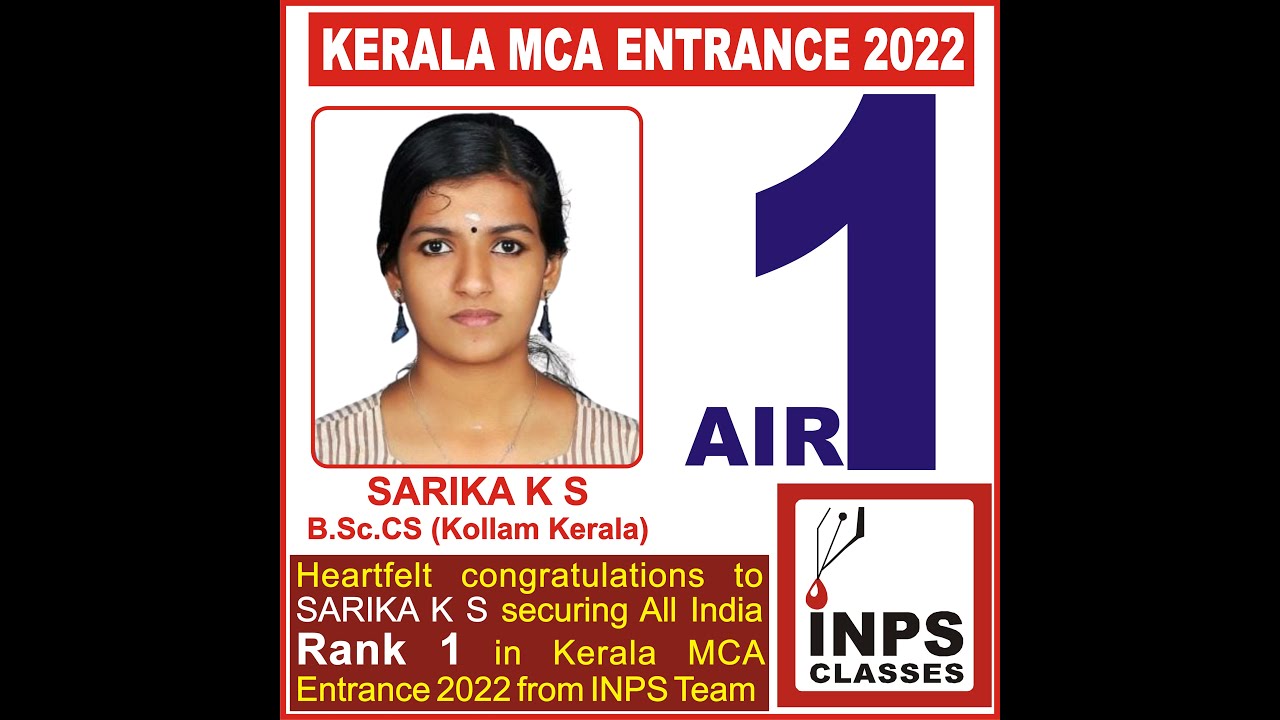 Congratulations to Sarika for securing AIR 1 in Kerala MCA Entrance Exam 2022 || INPS CLASSES