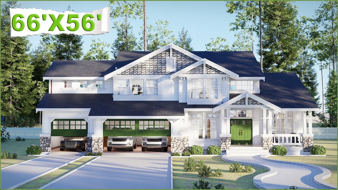 (66'X56') Explore This Dreamy Cottage House With 3 Bedroom + Office + 3 Car Garage + Free Floor Plan