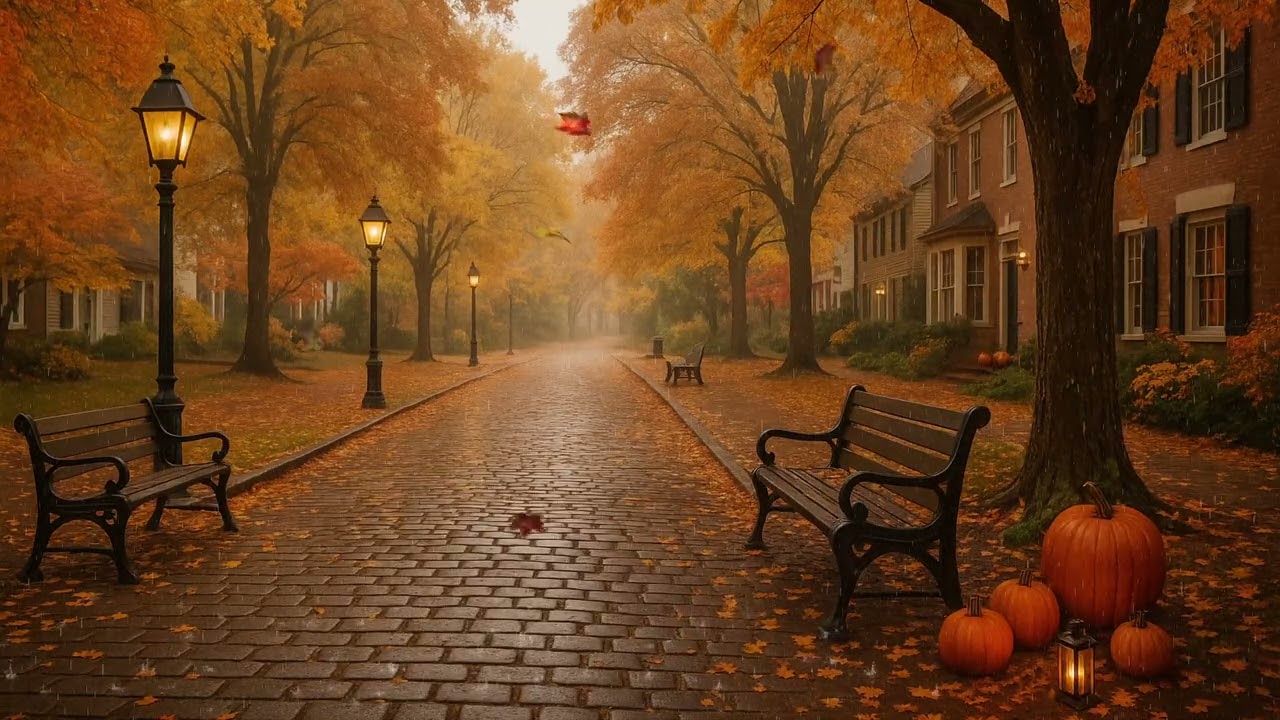 🏙️ Storybook Autumn Street Ambience | Cozy Cobblestone Lane with Lanterns, Pumpkins & Rain