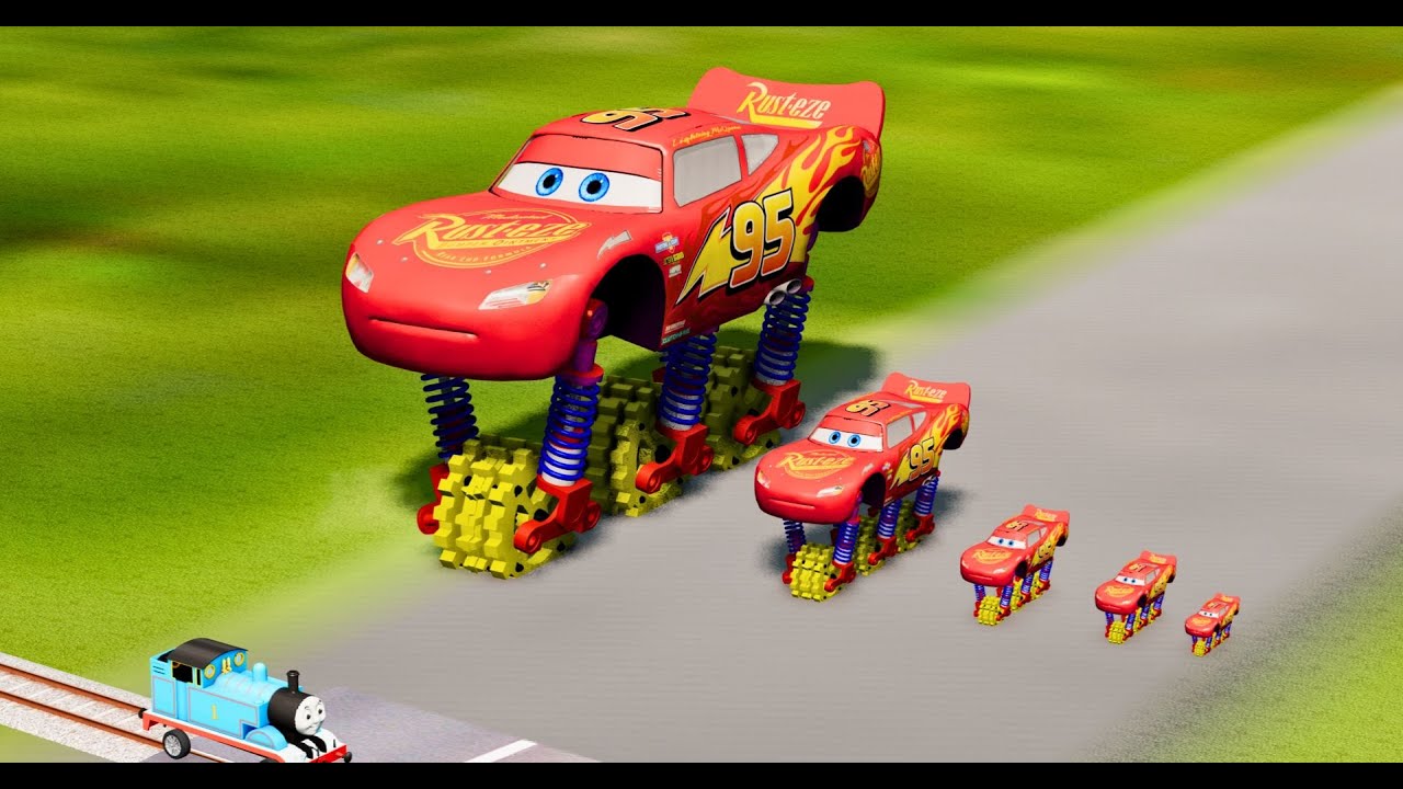 Big & Small Long Lightning Mcqueen Double Monster Saw Wheels vs Trains BeamNG.drive