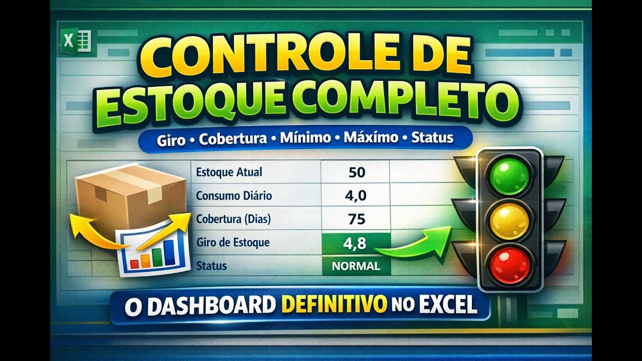 Dashboard de Controle de Estoque Completo no Excel | Giro, Cobertura, Mínimo, Máximo e Status.
