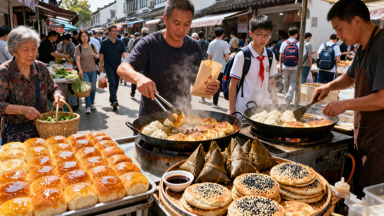 中国苏州大早市，大锅米糕真诱人！蜂蜜小面包排长队，牛肉煎包肉馅多汁，驴打滚好吃不腻，特色烤馍真不错！手工大肉粽，芝麻小烧饼好吃不贵，各种碳水美食，让人垂涎欲滴！